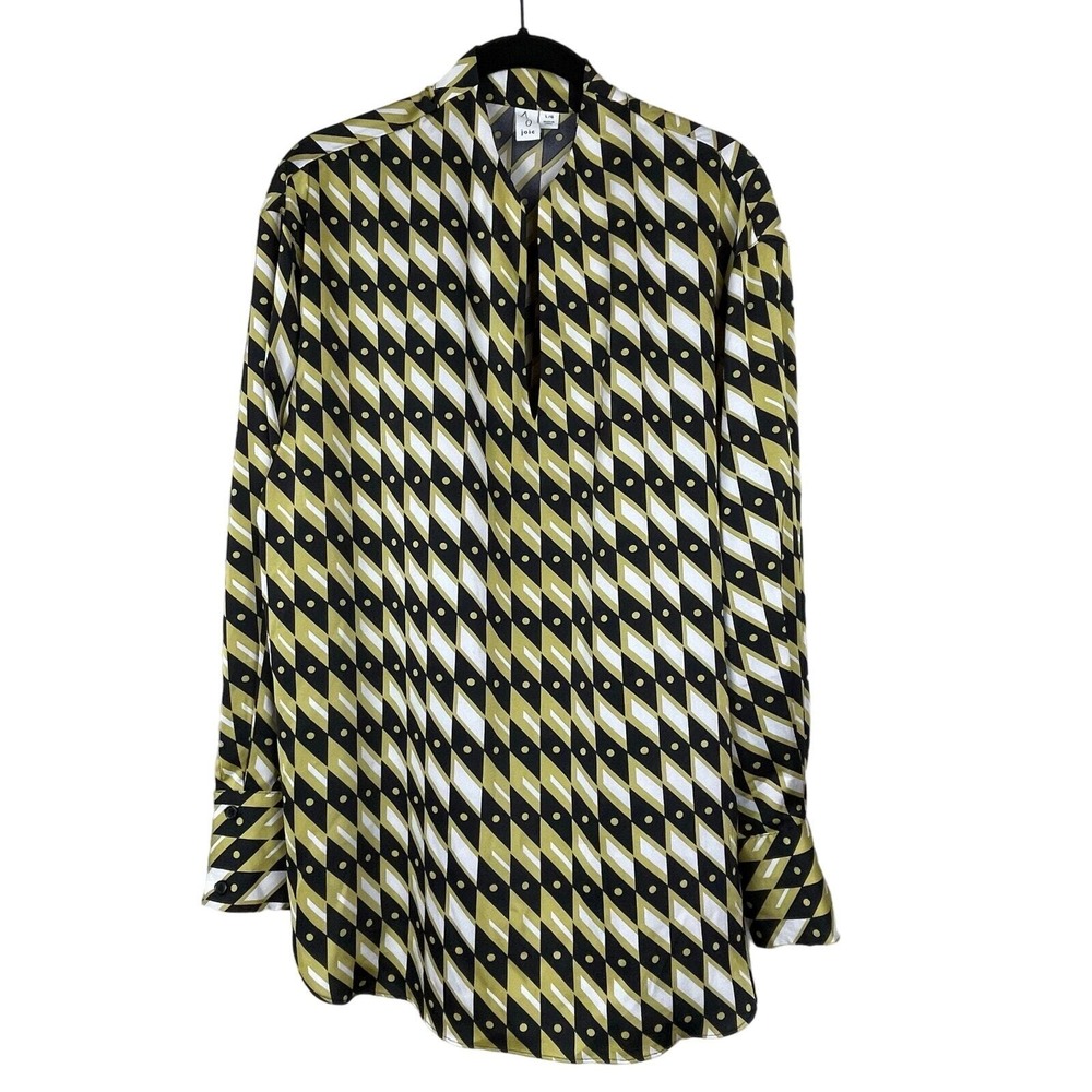 Joie V-neck Popover Long Sleeve Blouse Women's Sz L Black Tan Geometric Print